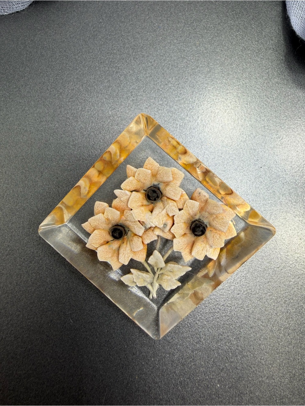 Vintage Floral Reverse Carved Resin Brooch #295ub